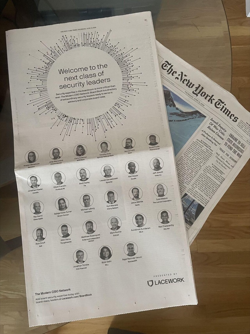 The Modern CISO Network Board Book page as carried in the New York Times